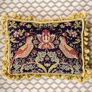 18”x14” William Morris Needlepoint Pillow Yellow Tassels Birds Aubusson Style